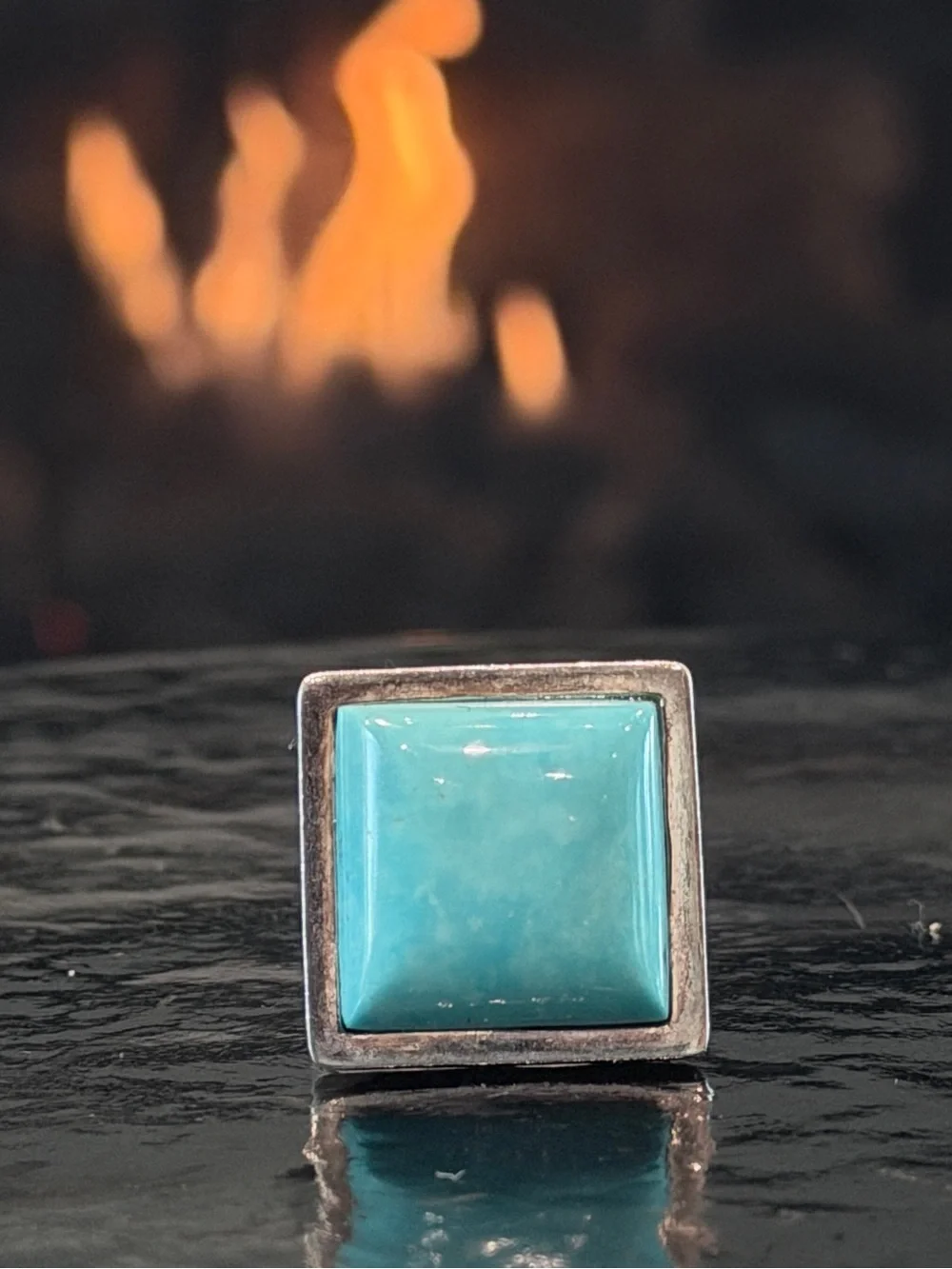 Sterling Silver Square Turquoise Statement Ring with Embossed Band